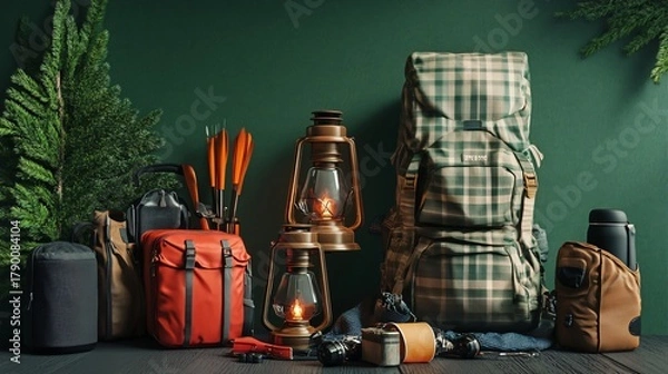 Obraz Essential Camping Gear with Backpack and Lantern