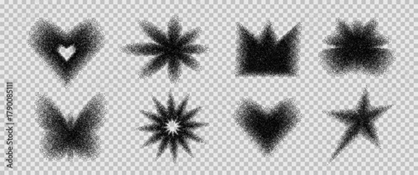 Obraz Black grainy noise gradient figures. Grain gradation hearts, sparks dot airbrush spray shapes. Blinks and crown dotworks y2k forms