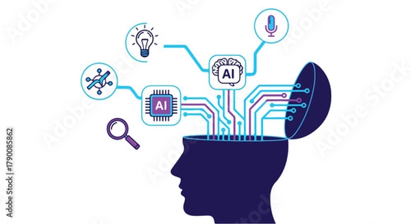 Fototapeta Illustration of a head with an open skull, connected to AI symbols representing ideas, technology, and data analysis.