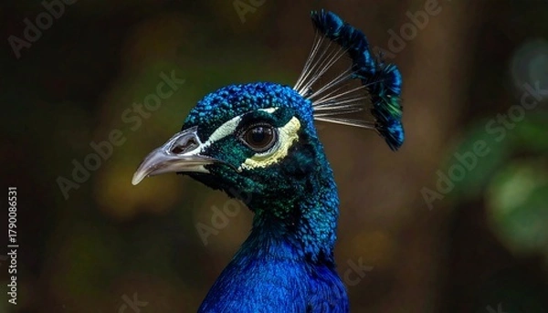 Obraz A close-up portrait of a vibrant bird, showcasing iridescent blue feathers, a distinctive crest, and sharp beak. The background is softly blurred