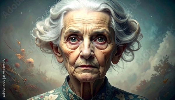Fototapeta A close-up portrait of an elderly woman with silver hair and wrinkles, gazing directly at the viewer. A soft, dreamlike background