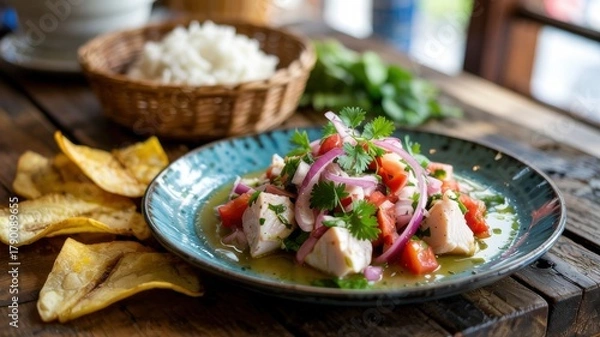 Fototapeta National dishes of Belizean cuisine. 
Ceviche is a raw fish marinated in lime juice with onions, tomatoes and spices.