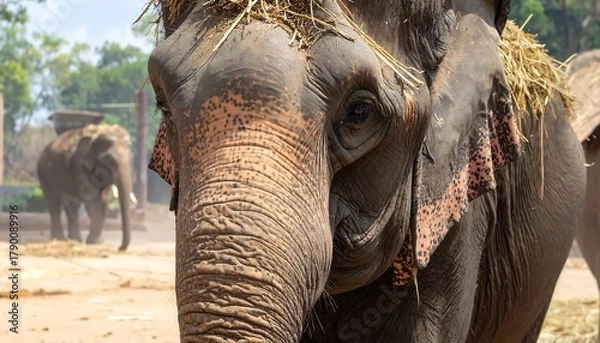 Fototapeta A close-up portrait of an elephant reveals textured skin with a focus on its intelligent eye, another elephant blurry in the background