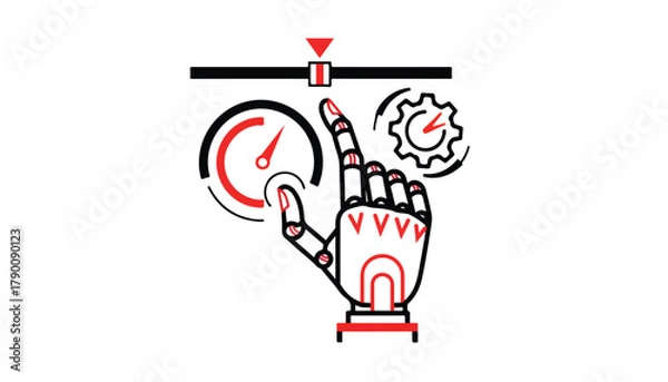 Fototapeta Robotic hand interacts with a slider, gauge, and gear icon, representing automation and control.