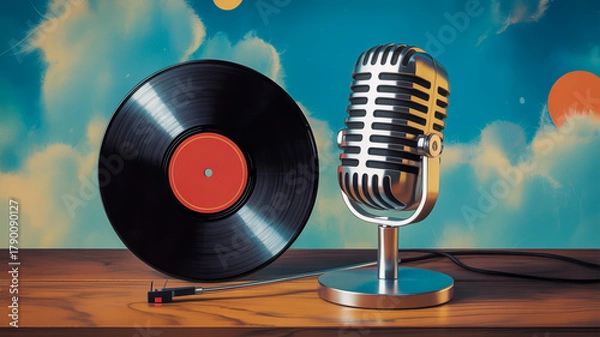 Fototapeta Vintage silver microphone and black vinyl record on wooden table with cloudy sky background