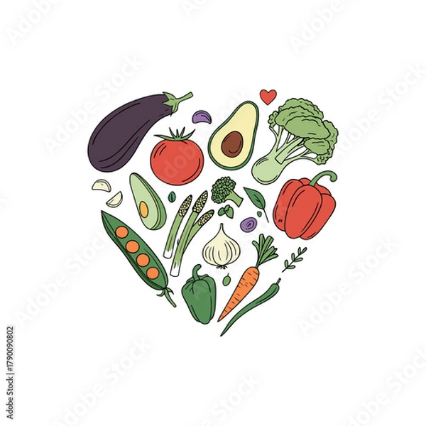 Fototapeta Fresh healthy food with flying vegetables and fruits. Flat vector illustration of different meal with tomato, cucumber, bell pepper, apple, and carrot. Organic food concept, diet and healthy lifestyle