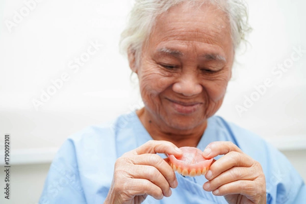 Fototapeta Doctor holding teeth denture in hand for dentist studying about dentistry.