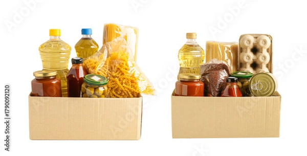 Fototapeta Foodstuffs in donation box isolated on white background for volunteer to help people.
