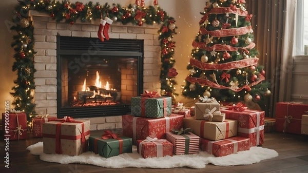 Fototapeta Cozy Christmas scene with decorated tree fireplace and presents ready to open