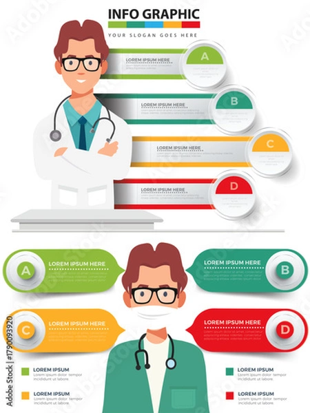 Fototapeta Medical Infographic Template with Doctor Character and Steps - Healthcare Data