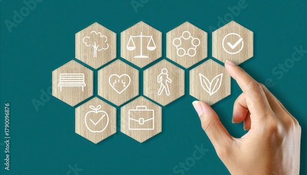 Fototapeta Sustainability icons in hexagon shape with hand touch