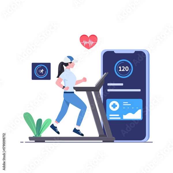 Fototapeta Illustration of a woman running on a treadmill in a gym setting, conveying the concept of fitness and exercise. Flat cartoon vector illustration