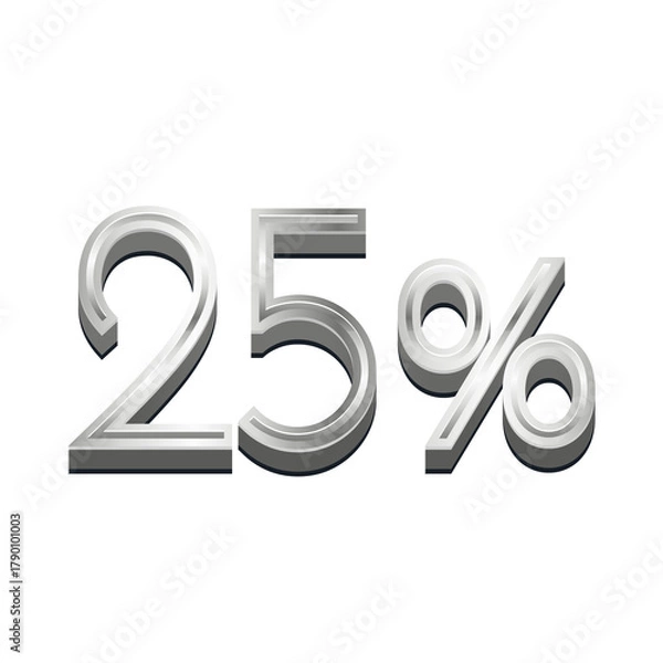 Obraz 3D Rendered Silver Metallic Text "25%" - Chrome Percentage Symbol Isolated on White for Sales and Discount