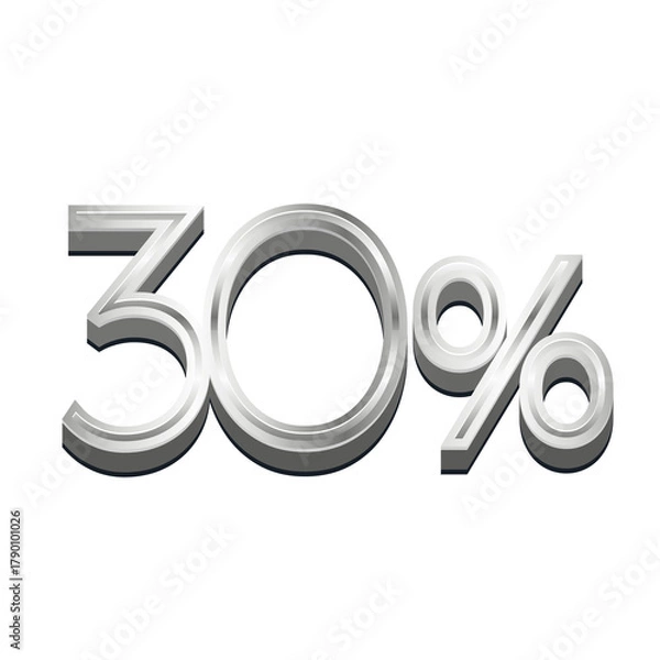 Obraz 3D Rendered Silver Metallic Text "30%" - Chrome Percentage Symbol Isolated on White for Sales and Discount