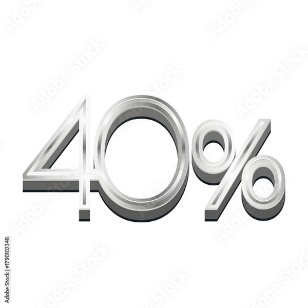 Obraz 3D Rendered Silver Metallic Text "40%" - Chrome Percentage Symbol Isolated on White for Sales and Discount