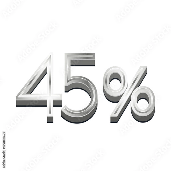 Obraz 3D Rendered Silver Metallic Text "45%" - Chrome Percentage Symbol Isolated on White for Sales and Discount
