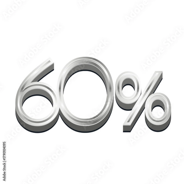 Obraz 3D Rendered Silver Metallic Text "60%" - Chrome Percentage Symbol Isolated on White for Sales and Discount