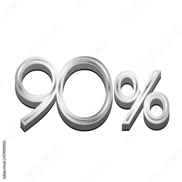 Obraz 3D Rendered Silver Metallic Text "90%" - Chrome Percentage Symbol Isolated on White for Sales and Discount