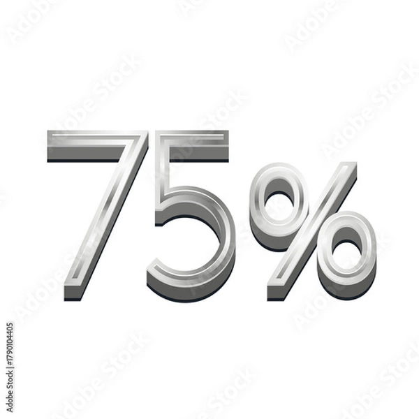 Obraz 3D Rendered Silver Metallic Text "75%" - Chrome Percentage Symbol Isolated on White for Sales and Discount