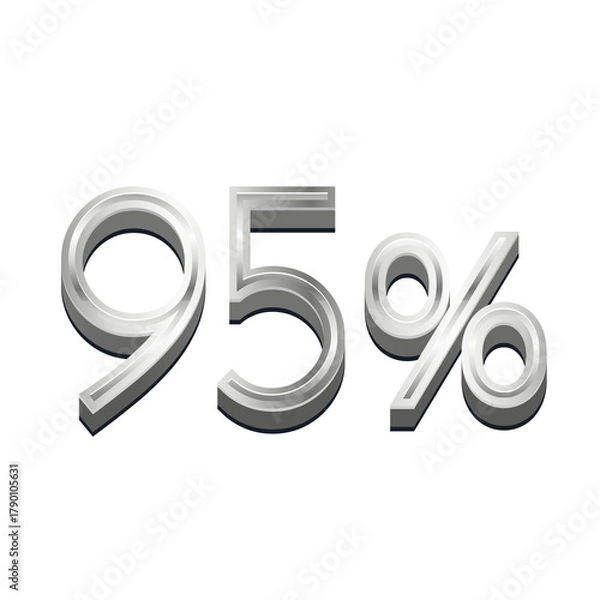 Obraz 3D Rendered Silver Metallic Text "95%" - Chrome Percentage Symbol Isolated on White for Sales and Discount