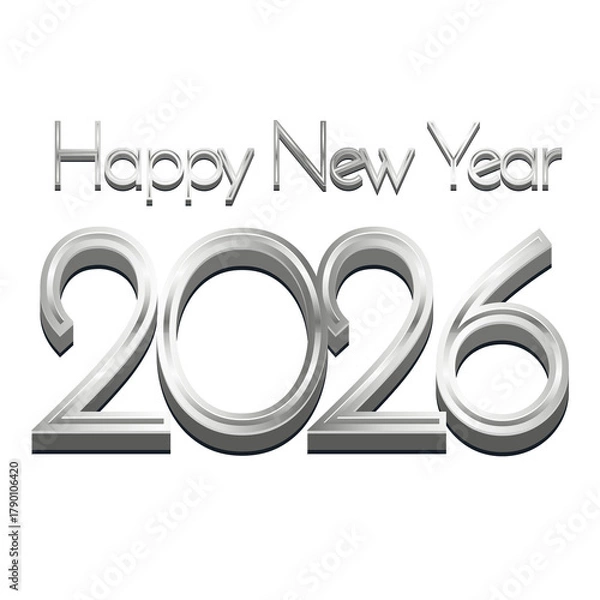 Obraz 3D Rendered Silver Metallic Text "Happy New Year 2026" - Chrome Percentage Symbol Isolated on White for Sales and Discount
