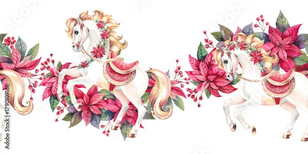 Fototapeta Christmas horse golden maned in harness with poinsettia and holly berries seamless border. Toy carousel horse hand drawn watercolor illustration isolated on white, new year symbol for festive design
