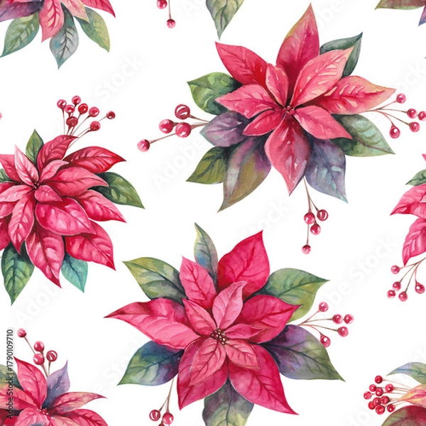 Obraz Poinsettia Christmas winter flower and holly berries hand drawn watercolor illustration isolated on white. Bright red plants seamless pattern for New Year eve designs, print, wrapping paper, textile