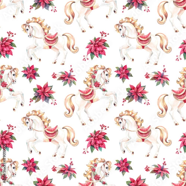 Obraz horse golden maned in red harness with poinsettia and holly berries watercolor Christmas seamless pattern. Toy carousel horse hand drawn illustration isolated on white for textile, wrapping paper