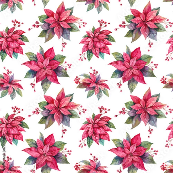 Obraz Poinsettia Christmas winter flower and holly berries hand drawn watercolor illustration isolated on white. Bright red plants seamless pattern for New Year eve designs, print, wrapping paper, textile