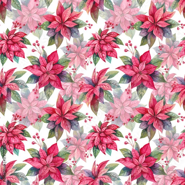 Fototapeta Poinsettia Christmas winter flower and holly berries hand drawn watercolor illustration isolated on white. Red plants seamless pattern for New Year designs, print, wrapping paper, textile, wallpaper