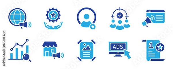 Fototapeta Marketing icon set. Collection of business strategy, advertising, Customer Targeting, Analytics, Influencer Marketing, PPC Campaign, and digital marketing symbols. Flat vector illustration.