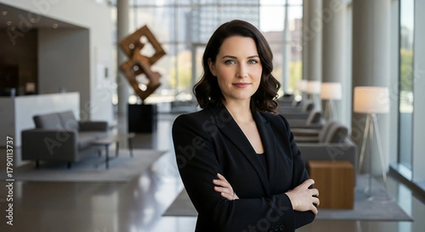 Obraz Confident professional woman wearing a fitted black blazer with arms crossed, photographed in a modern corporate lobby under soft directional lighting, captured with a crisp high-end business portrait