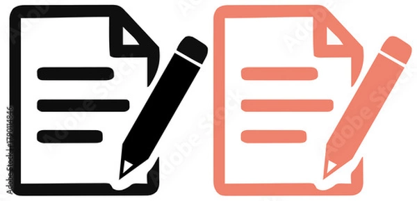 Obraz Writing and Editing Document with Pencil Icon Set - Black and Coral. Perfect for Note Taking, Content Creation, Form Filling, and Task Management.