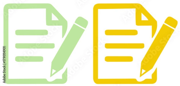 Fototapeta Clean Document and Pencil Icons: Green and Yellow Symbols for Writing, Editing, and Content Creation or Annotation