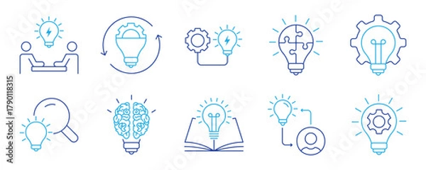 Fototapeta Minimalist Creativity line icons set with editable stroke, featuring originality, innovation, design, idea, innovation, vision, invest, visual thingking, drafting, geometri. thin linear illustration.