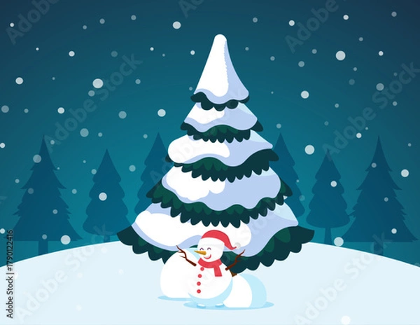 Obraz A pine tree covered in fresh snow on Christmas day. Holiday Christmas design.