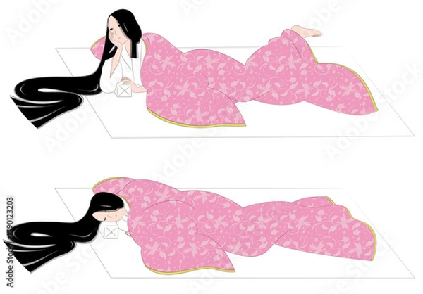 Obraz 平安時代風の若い女性が寝床で物思いにふけり眠るイラスト
