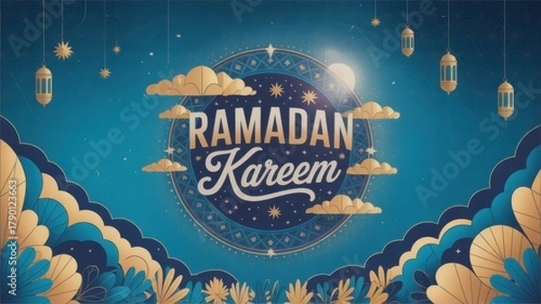 Fototapeta Ramadan kareem greeting with islamic lanterns, clouds, and ornate decorations on a blue night sky background