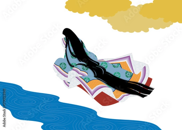 Obraz 日本の歴史的伝統衣装「袿」を着た後ろ姿の女性。雲と川の背景イラスト