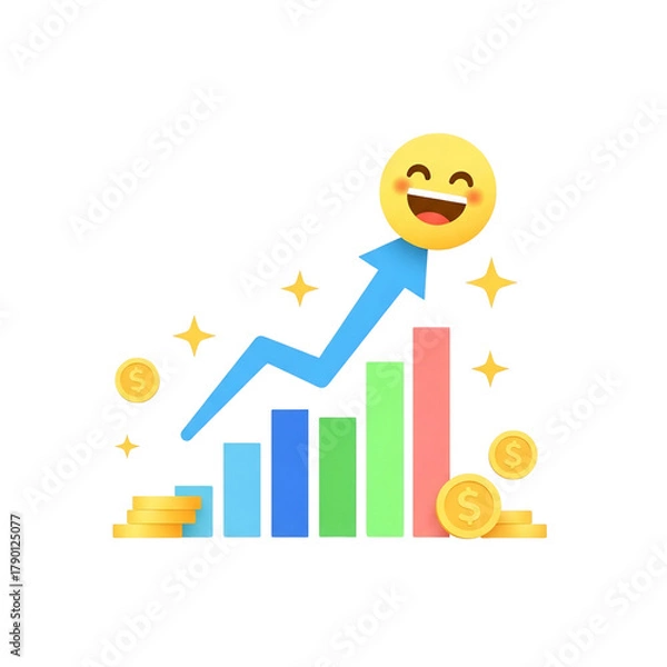 Fototapeta Business growth chart with happy emoji isolated on transparent background, financial success concept