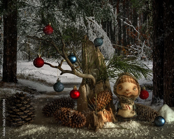 Fototapeta Christmas toys and cheerful dolls against the background of a snowy forest.
