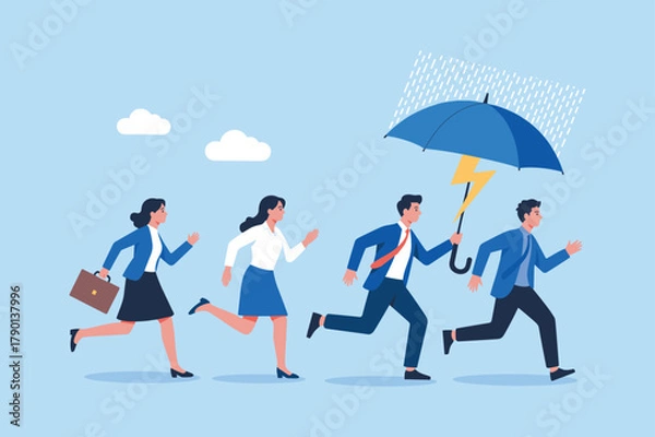 Obraz Teamwork and Leadership Protecting Business from Crisis. Business People Running Under Umbrella of Protection.