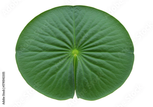 Fototapeta Isolated floating green lily pad, aquatic plant leaf with radial veins, close-up view