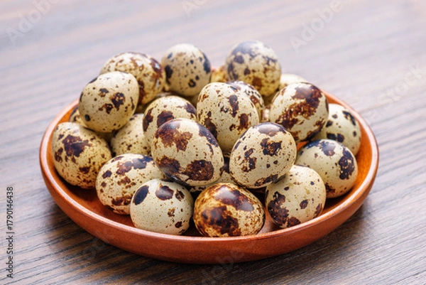 Fototapeta Closeup view of quail eggs in wooden plate on table