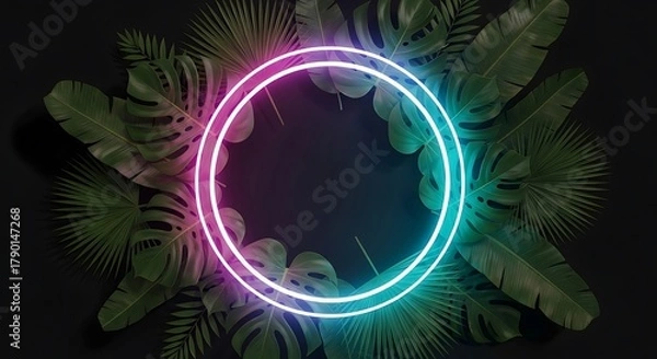 Obraz A vibrant neon circle, casting a pink and blue glow, is surrounded by lush tropical leaves against a dark background, creating a captivating scene