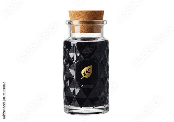 Fototapeta Isolated jar of fruit conserve with cork, geometric diamond shapes and gold leaf motif