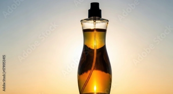 Fototapeta Illustration of silhouette of perfume bottle against a bright sky, creating a warm atmosphere