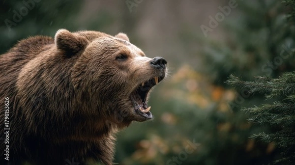 Fototapeta Angry brown bear snarling with mouth open showing teeth in forest. Wildlife moment depicting animal aggression and danger in natural habitat.