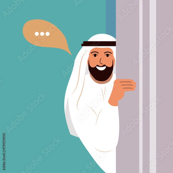 Fototapeta Arab muslim man  Happy person looking from behind door. Man peeping, watching and spying on someone.Vector illustration