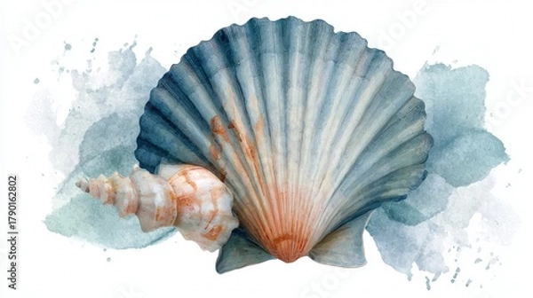 Obraz A beautifully illustrated watercolor of a scallop shell alongside a conch shell, set against a soft blue-green background.